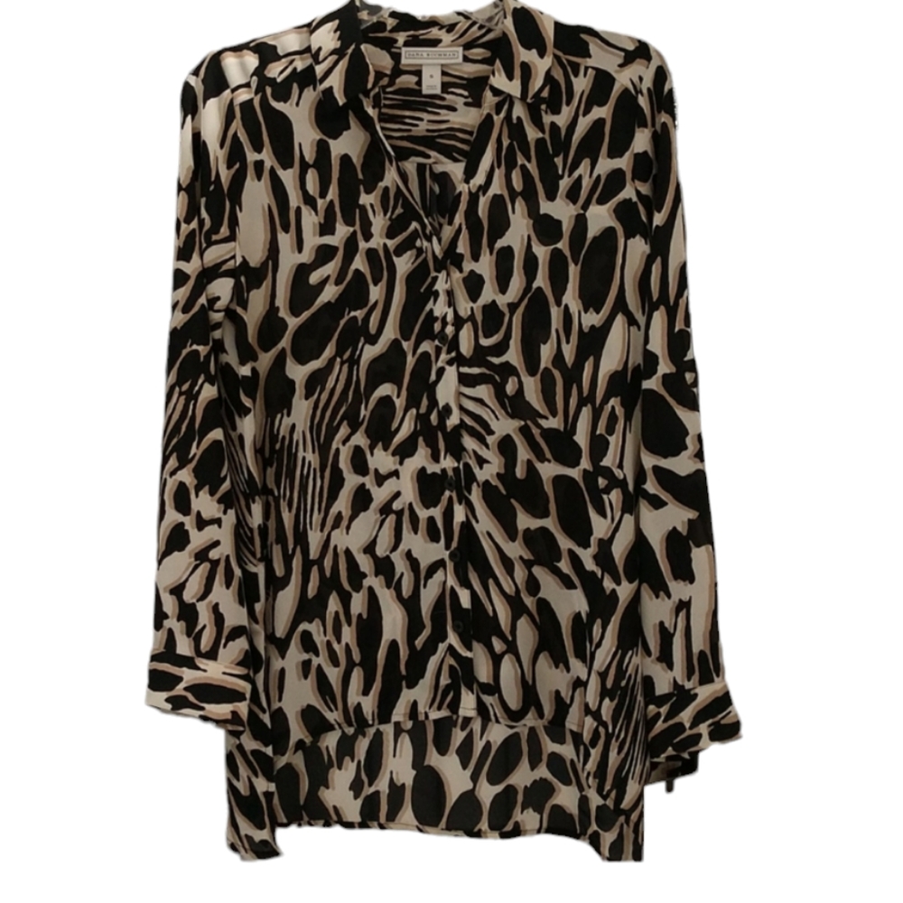 New Dana Buchman Multi Animal Print Long Sleeve Blouse Oversized Sz Small